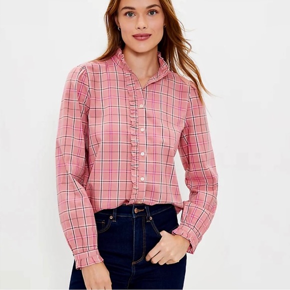 Loft Rose Pink Plaid Ruffle Neck Button Down Long Sleeve Shirt - Picture 2 of 15